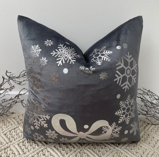 The Grey Bow Christmas Soft Velvet Cushion