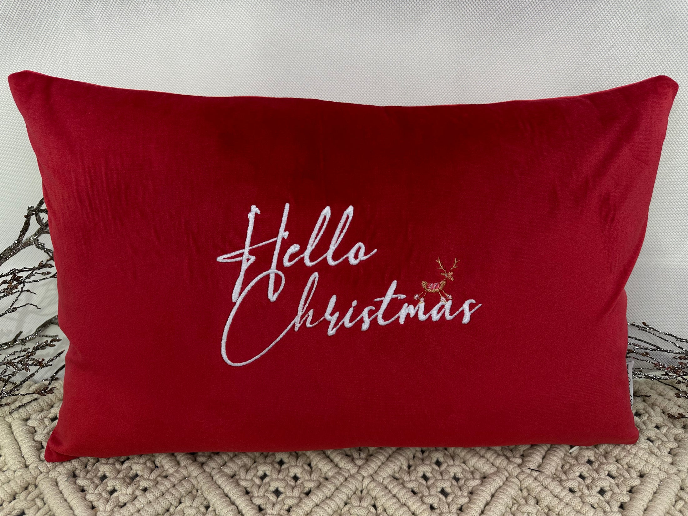 The Luxury Red Velvet Hello Christmas Cushion