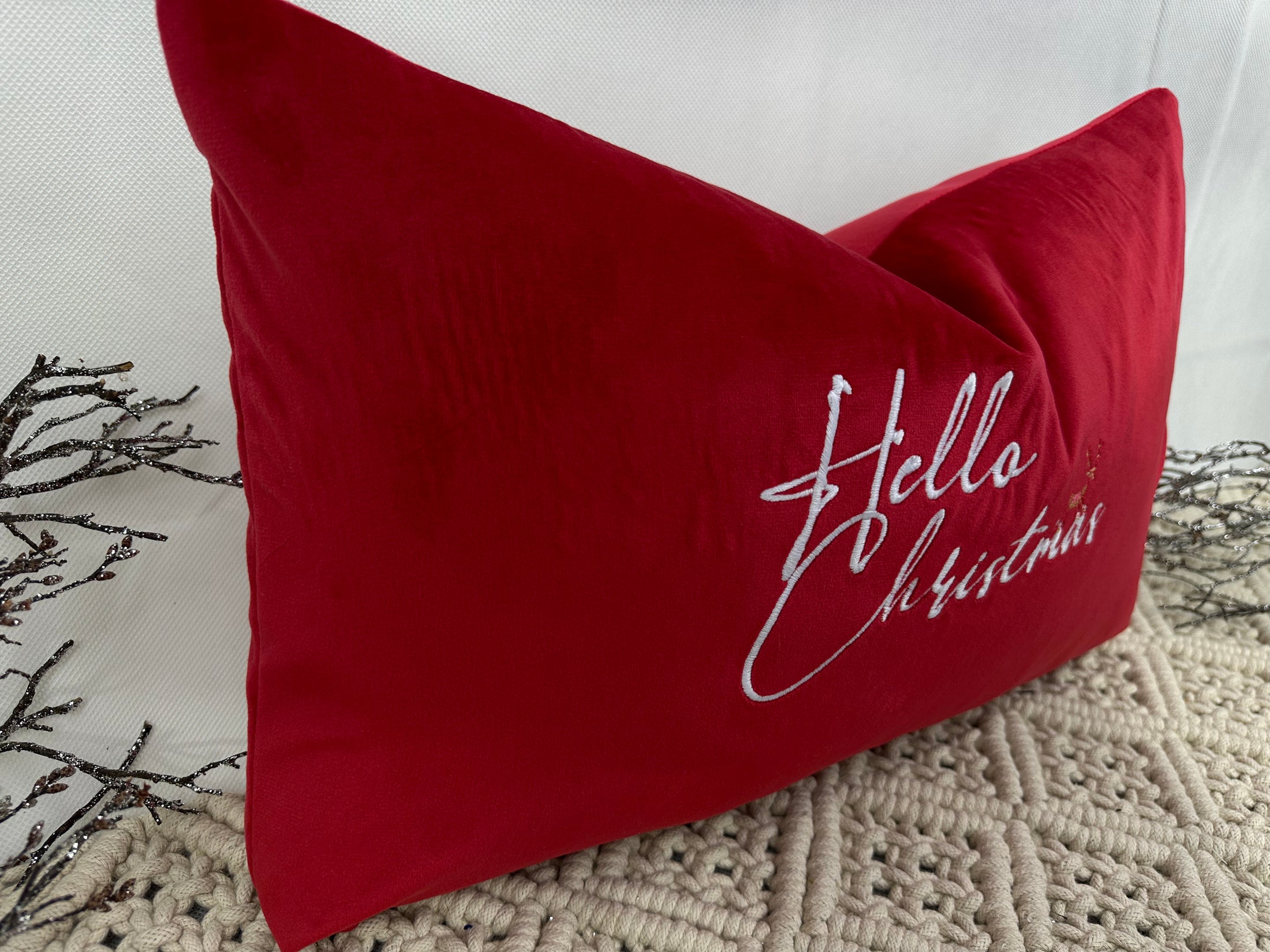 The Luxury Red Velvet Hello Christmas Cushion