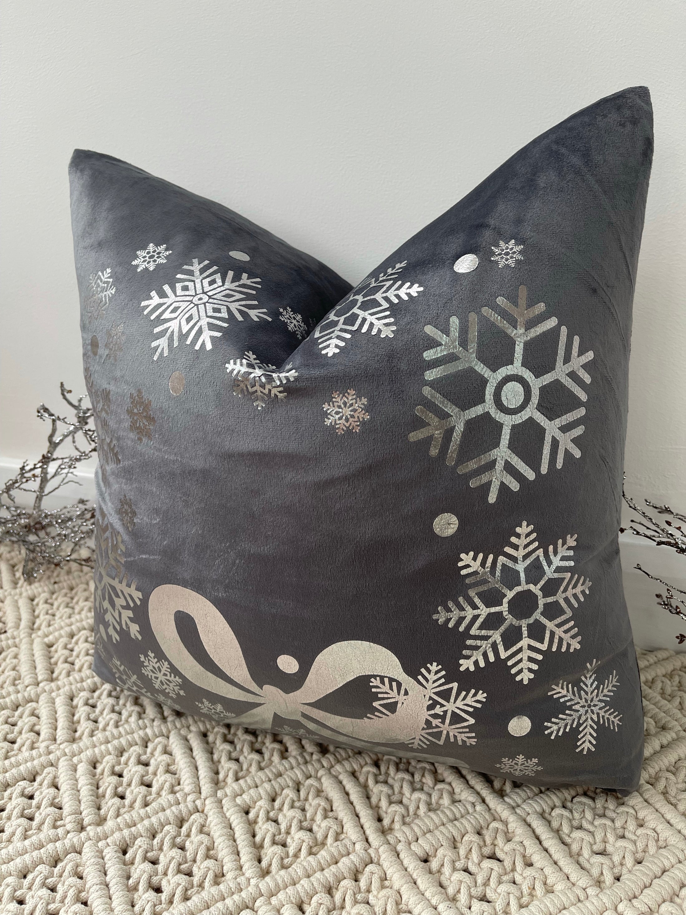 The Grey Bow and Snowflake Christmas Soft Velvet Cushion