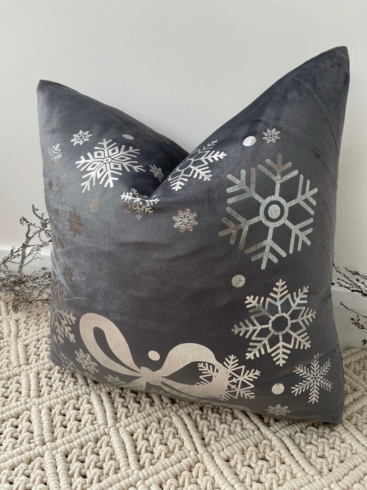 The Grey Bow and Snowflake Christmas Soft Velvet Cushion