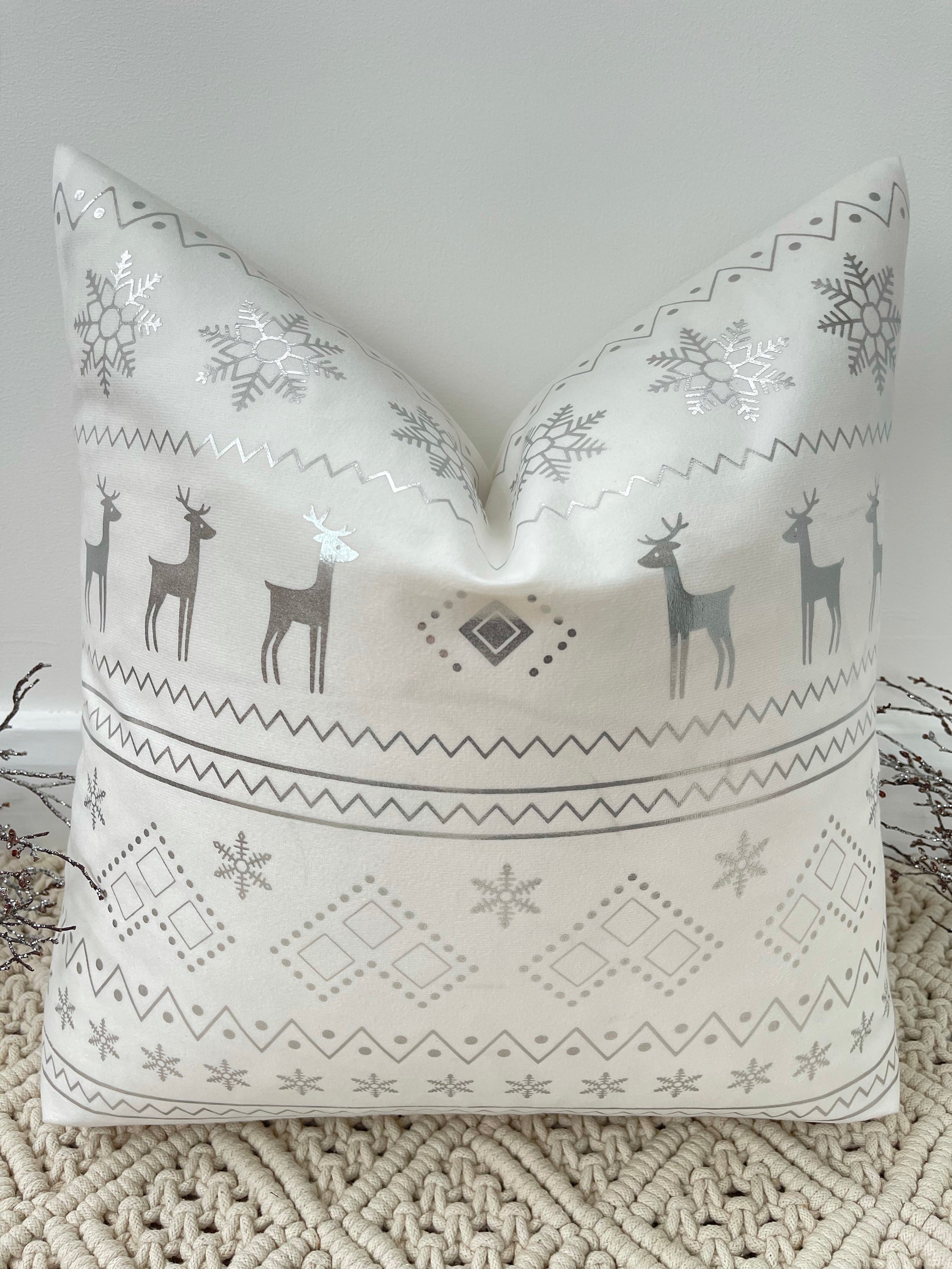 The White Reindeer and Silver Snowflake Christmas Soft Velvet Cushion