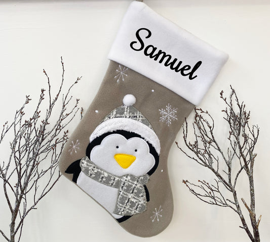 The Luxury Personalised Christmas Penguin Stocking - Grey